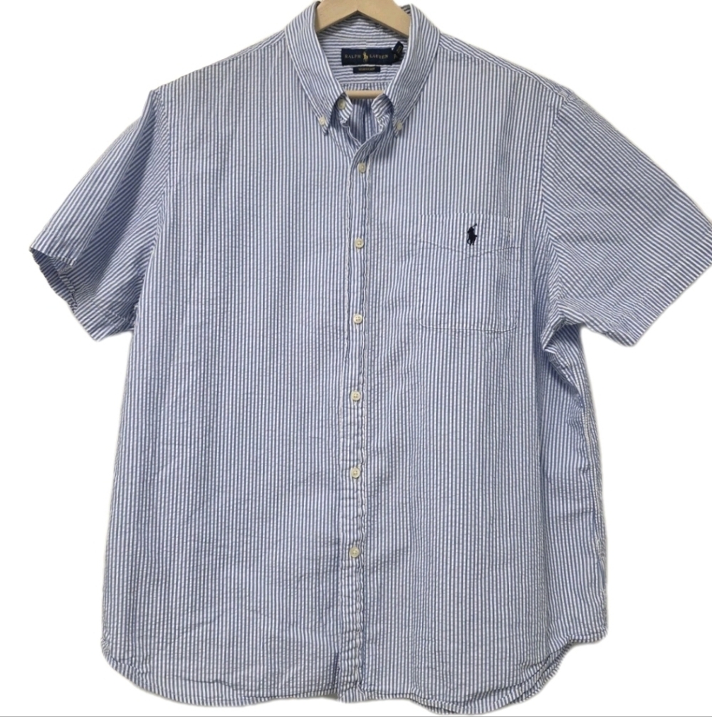 Ralph Lauren Mens Seersucker Shirt Size XXL Blue Stripe Pony Short Sleeve
